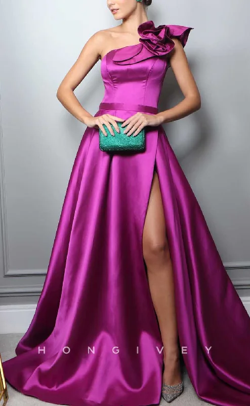 Evening dress with plunging neckline-L2866 - Satin A-Line One Shoulder Ruffled With Side Slit Party Prom Evening Dress