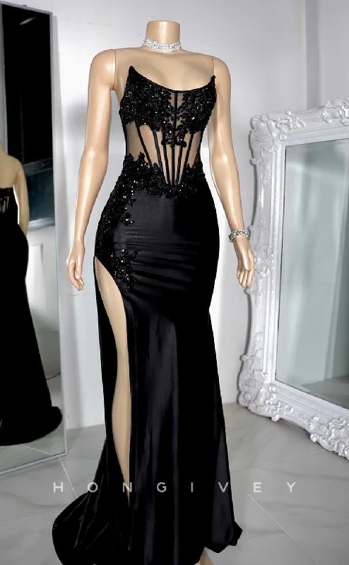 Evening dress with modern design-L2871 - Chic Satin Bateau Beaded Appliques Illusion With Side Slit Prom Evening Dress