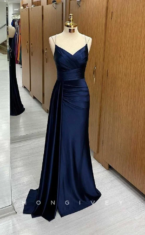 Evening dress with illusion sleeves-L2877 - V-Neck Spaghetti Straps Ruched With Train Party Prom Evening Dress