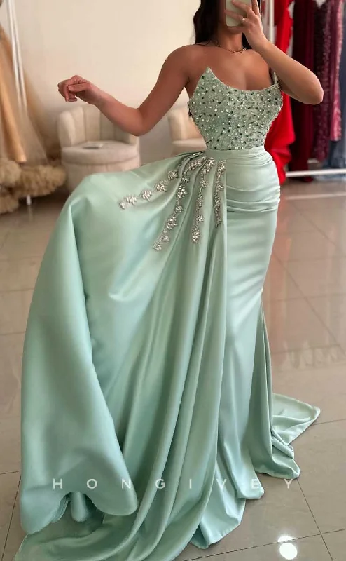 Evening dress with glitter-L2879 - Bateau Strapless Beaded With Side Slit Party Prom Evening Dress