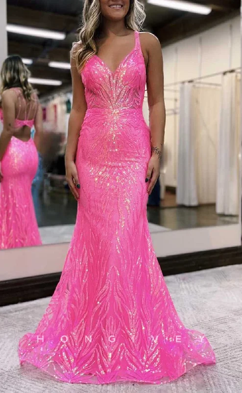 Evening dress with bow-L2887 - Sexy V-Neck Spaghetti Straps Sequined Appliques Trumpet Party Prom Evening Dress