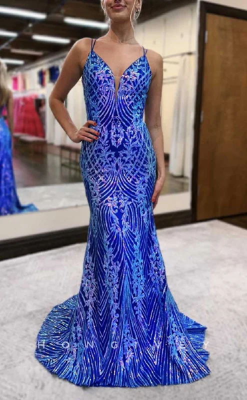 Evening dress with backless design-L2889 - V-Neck Spaghetti Straps Sequined Appliques Party Prom Evening Dress