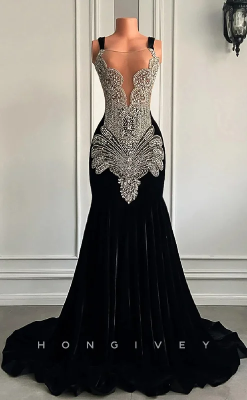 Evening dress for black tie-L2895 - Trumpet Bateau Spaghetti Straps Beaded Appliques Party Prom Evening Dress For Black Women