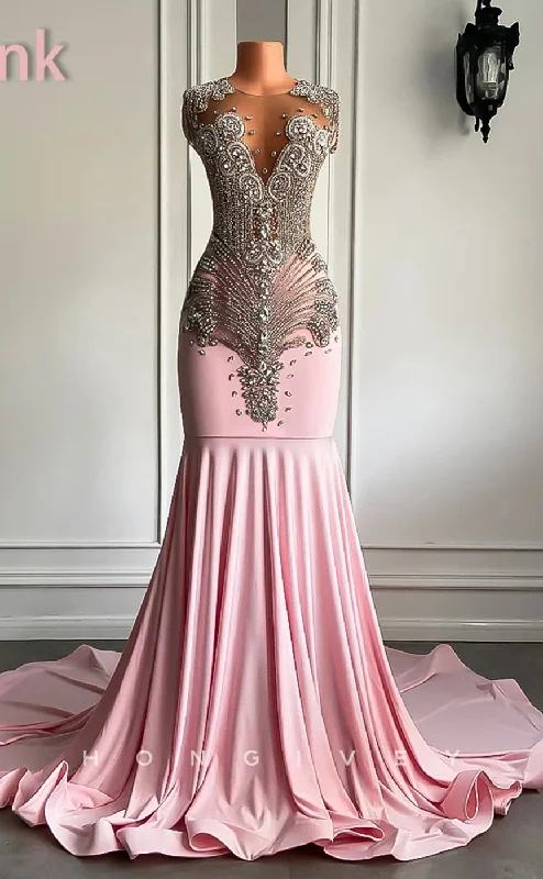 Two-piece evening dress-L2899 - Sparkly Trumpet Round Beaded Appliques Party Prom Evening Dress For Black Women