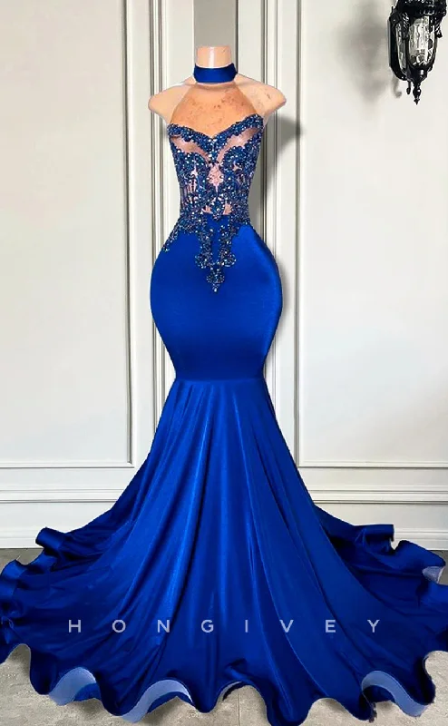 Red evening dress-L2901 - High Neck Sleeveless Illusion Beaded Appliques Party Prom Evening Dress For Black Women