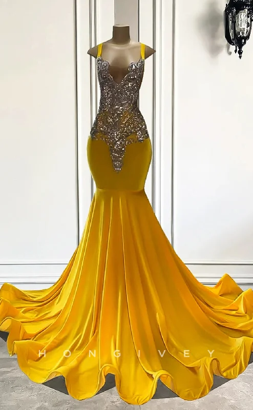 Off-white evening dress-L2903 - Bateau Spaghetti Straps Beaded Appliques Trumpet Party Prom Evening Dress For Black Women