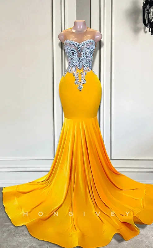 Metallic evening dress-L2904 - Chic Beaded Appliques Trumpet Party Prom Evening Dress For Black Women