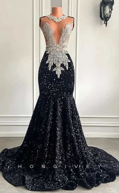 Long evening dress-L2905 - Chic Trumpet Illusion Beaded Sequined Party Prom Evening Dress For Black Women