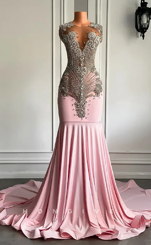 Evening dress with wrap design-L2908 - Trumpet Round Sleeveless Beaded Party Prom Evening Dress For Black Women