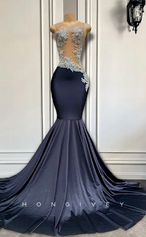 Evening dress with spaghetti straps-L2912 - Sleeveless Illusion Beaded Appliques Trumpet Party Prom Evening Dress For Black Women