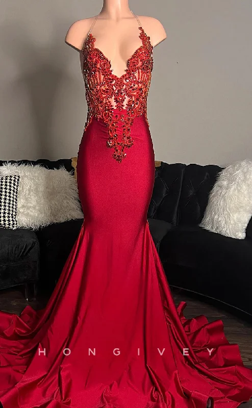 Evening dress with slit-L2913 - V-Neck Halter Illusion Appliques Party Prom Evening Dress For Black Women