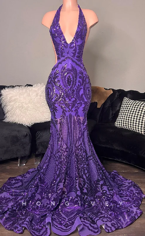 Evening dress with sheer sleeves-L2914 - Trumpet V-Neck Halter Open Back Appliques Party Prom Evening Dress For Black Women