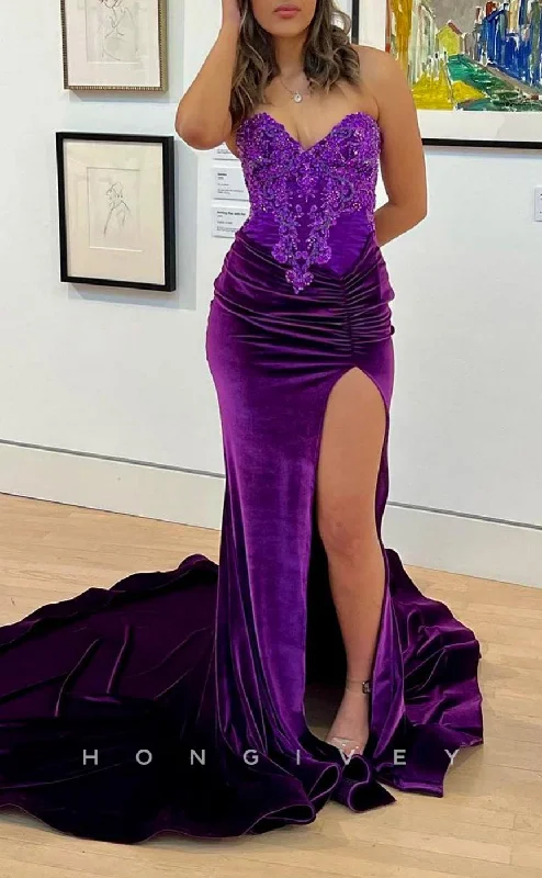 Evening dress with satin-L2916 - Sweetheart Strapless Lace Applique With Side Slit Party Prom Evening Dress For Black Women