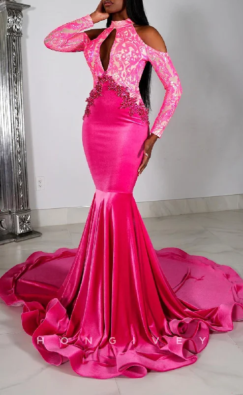 Evening dress with ruffled hem-L2917 - High Neck Long Sleeves Appliques Party Prom Evening Dress For Black Women