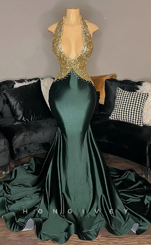 Evening dress with puff sleeves-L2918 - Sexy Halter Open Back Appliques Party Prom Evening Dress For Black Women