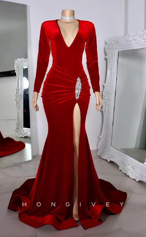 Evening dress with pleated skirt-L2919 - Trumpet V-Neck Long Sleeves Ruched With Side Slit Party Prom Evening Dress For Black Women