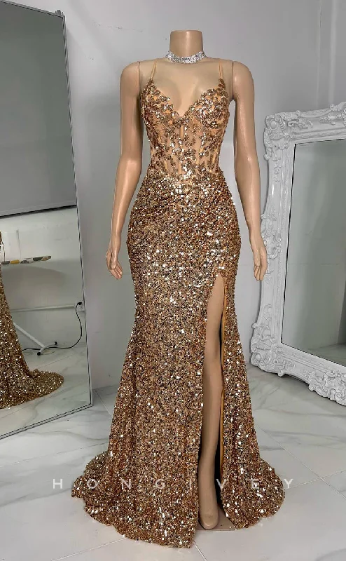 Evening dress with lace applique-L2924 - V-Neck Spaghetti Straps Sequined With Side Slit Party Prom Evening Dress For Black Women