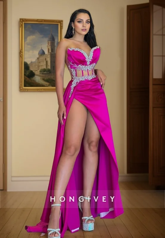 Pink evening dress-L2958 - V-Neck Strapless Beaded Empire With Silde Slit Porm Dress