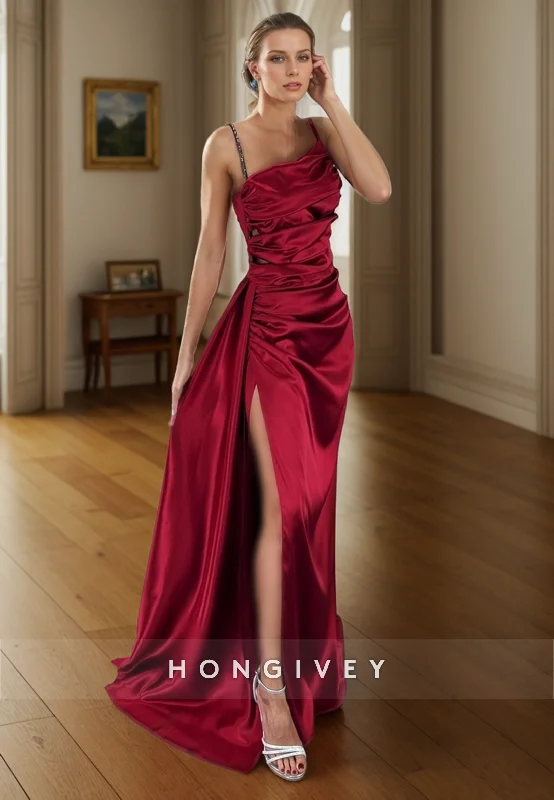 Long evening dress-L2960 - Satin Spaghetti Straps Ruched Beaded With Side Slit Party Prom Evening Dress