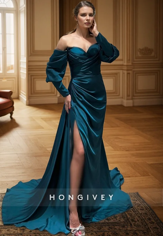 Green evening dress-L2961 - Off-Shoulder Long Sleeve Empire With Side Slit Party Prom Evening Dress