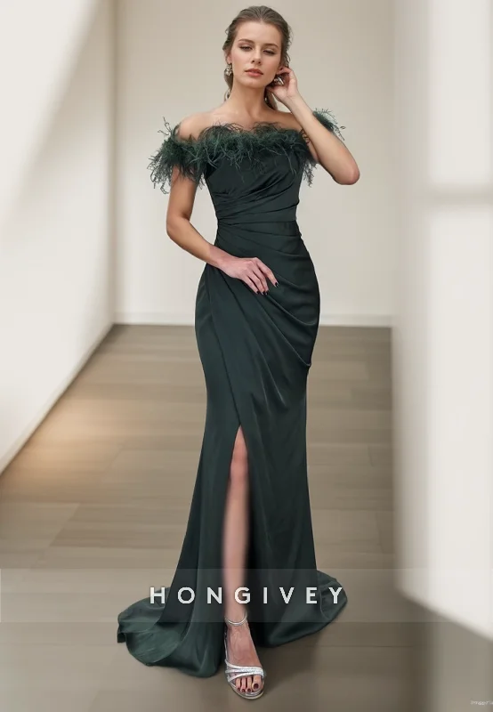 Evening dress with tulle overlay-L2963 - Feathers Off-Shoulder Ruched With Side Slit Party Prom Evening Dress