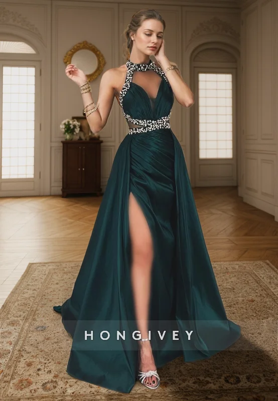 Evening dress with taffeta-L2964 - Satin High Neck Sleeveless With Train Beaded Party Prom Evening Dress