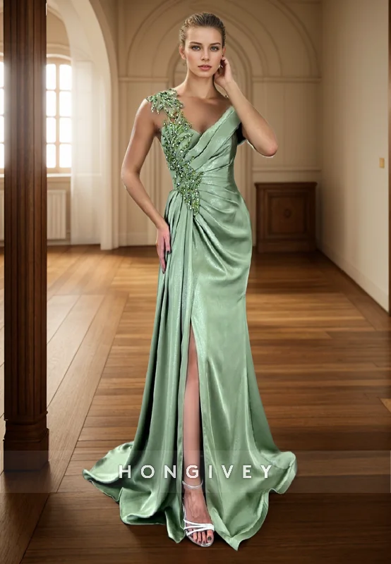 Evening dress with strapless design-L2965 - Chic Asymmetrical Appliques With Side Slit Party Prom Evening Dress