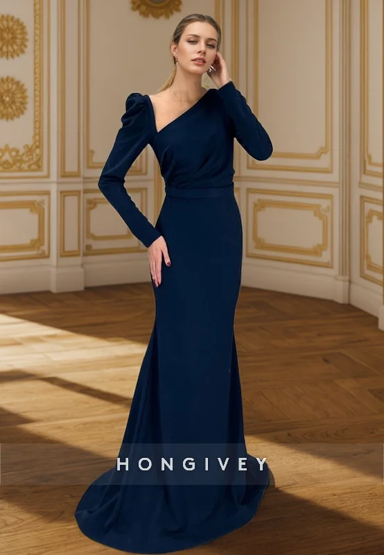 Evening dress with sleeves-L2966 - Trumpet Asymmetrical Long Sleeve Empire Party Prom Evening Dress