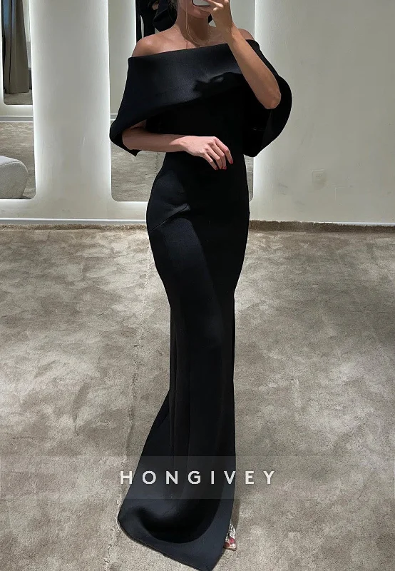 Evening dress with sequined bodice-L2967 - Casual Satin Off-Shoulder Sheath With Side Slit Party Prom Evening Dress