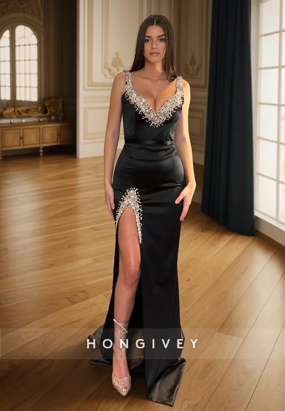 Evening dress with modern design-L2970 - Black V-Neck Spaghetti Straps Beaded Long Prom Dress