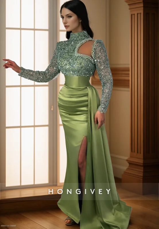 Evening dress with keyhole back-L2972 - High Neck Long Sleeve Empire Beaded Prom Evening Dress