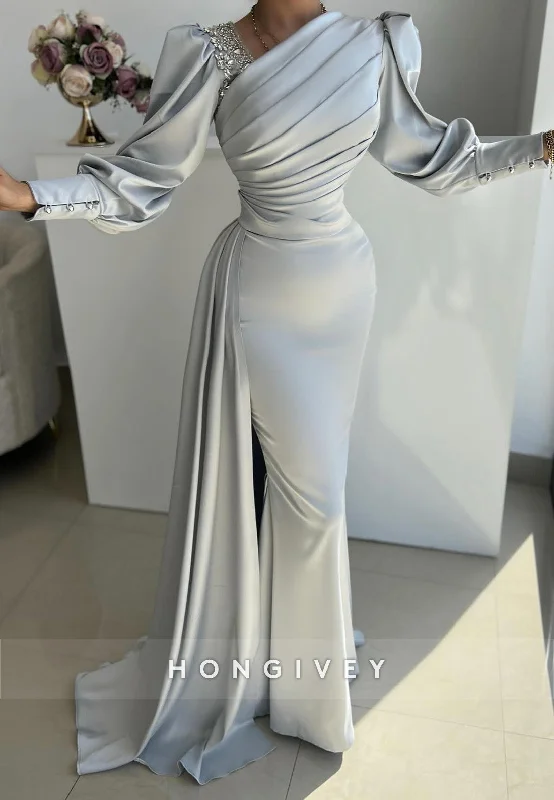 Evening dress with high neckline-L2973 - Satin Fitted Asymmetrical Long Sleeve Party Prom Evening Dress