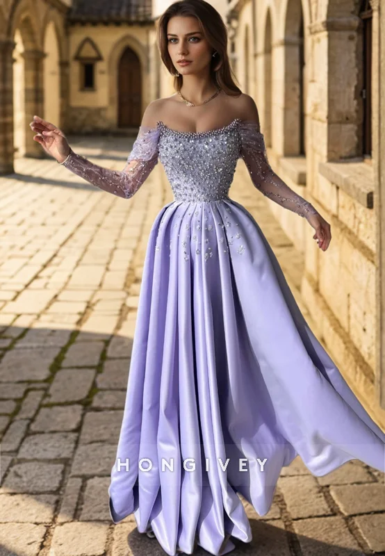 Evening dress with embroidered flowers-L2978 - Chic Satin A-Line Bateau Off-Shoulder Beaded Party Prom Evening Dress