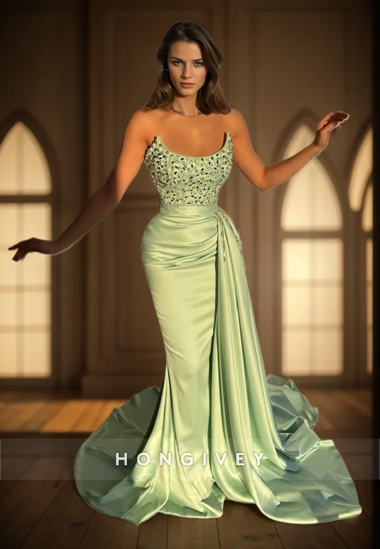 Evening dress with corset bodice-L2980 - Trumpet Bateau Strapless Beaded With Train Party Prom Evening Dress