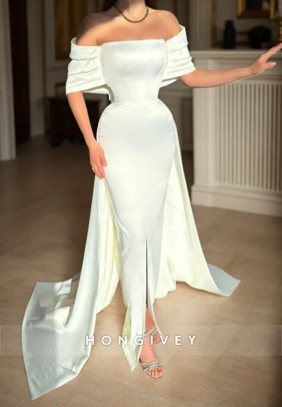 Evening dress with cap sleeves-L2981 - Satin Fitted Off-Shoulder With Train Party Prom Evening Dress