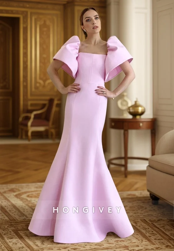 Evening dress for cocktail-L2986 - Satin Trumpet Square Puff Sleeves Gown Party Prom Evening Dress