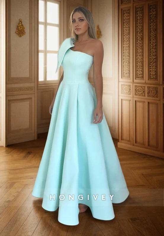 Bohemian evening dress-L2989 - Satin A-Line One Shoulder Floor-Length Party Prom Evening Dress