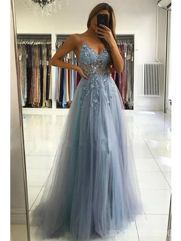 Evening dress with off-shoulder neckline-Dusty Blue A-line Spaghetti Straps V-neck See Through Long Prom Dresses Online,12667