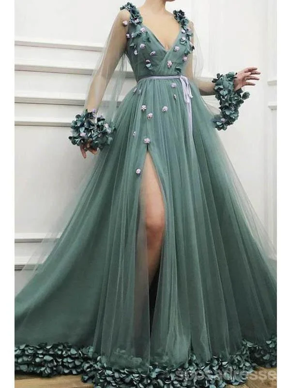 Evening dress with off-shoulder-Dusty Green A-line High Slit V-neck Long Sleeves Prom Dresses Online,12668