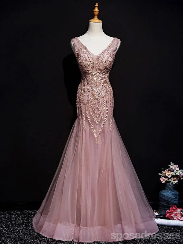 Evening dress for parties-Dusty Rose Mermaid V-neck Long Prom Dresses Online, Dance Dresses,12640