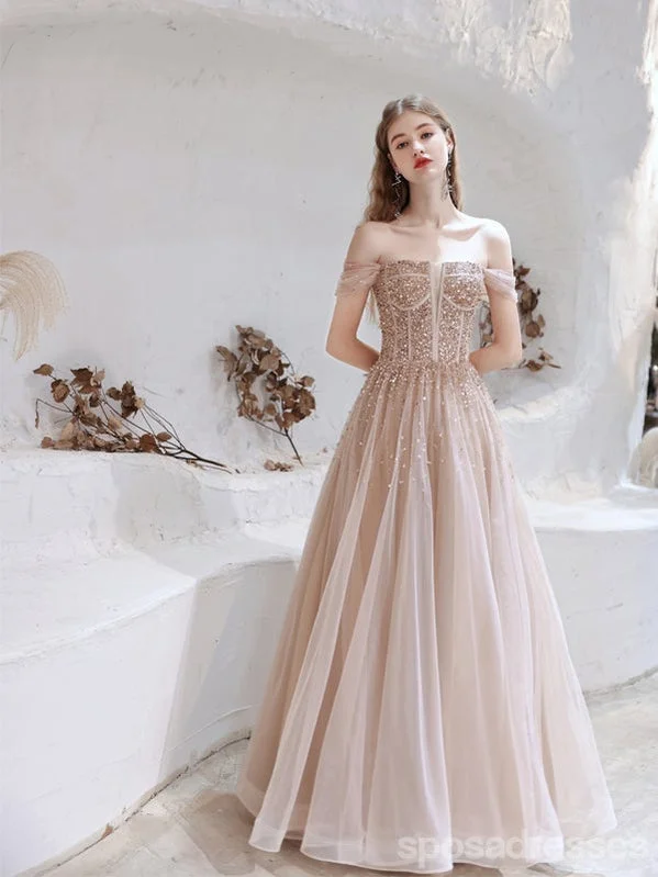 Evening dress with beaded bodice-Elegant A-line Off Shoulder Long Prom Dresses Online,Evening Party Dresses,12765