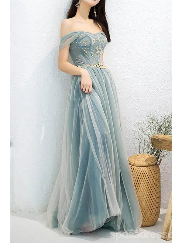 Evening dress for black tie-Elegant Blue A-line Off Shoulder Long Prom Dresses Online,Evening Party Dresses,12706