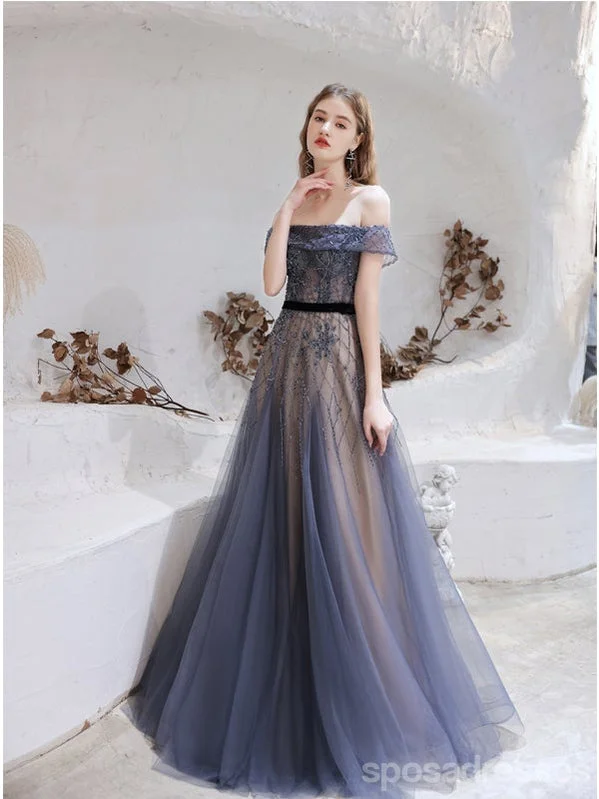 Evening dress with flared skirt-Elegant Blue A-line Off Shoulder Long Prom Dresses Online, Evening Party Dresses,12756