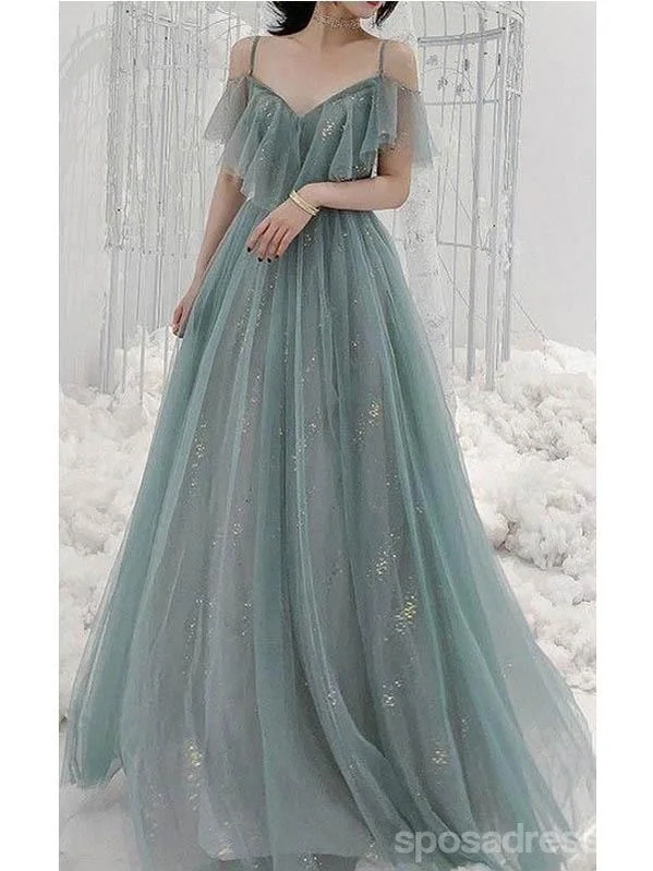 Evening dress with statement sleeves-Elegant Blue A-line Spaghetti Straps Long Prom Dresses Online, Dance Dresses,12730