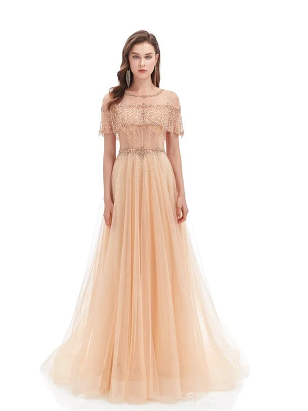 White evening dress-Elegant Champagne A-line Short Sleeves Long Prom Dresses Online,12773