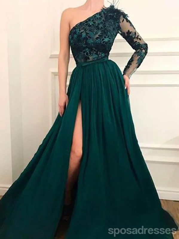 Evening dress with sweetheart neckline-Emerald Green A-line Long Sleeves One Shoulder High Slit Prom Dresses Online,12729