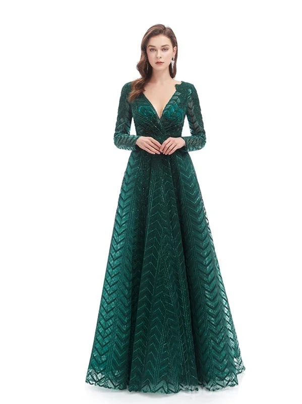 Evening dress with crystals-Emerald Green A-line Long Sleeves V-neck Prom Dresses Online,12800