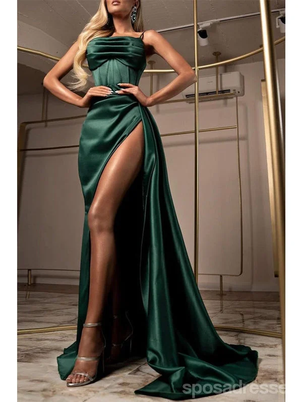 Evening dress with crystals-Emerald Green Mermaid Spaghetti Straps High Slit Cheap Long Prom Dresses,12847