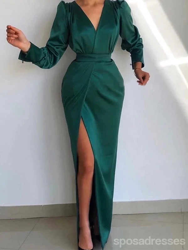 Black evening dress-Emerald Green Sheath Long Sleeves V-neck High Slit Cheap Prom Dresses Online,12805