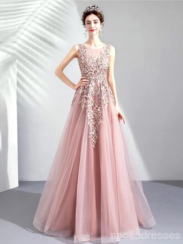 Evening dress with bow belt-Floral A-line Pink Jewel Long Party Prom Dresses, Cheap Dance Dresses,12542